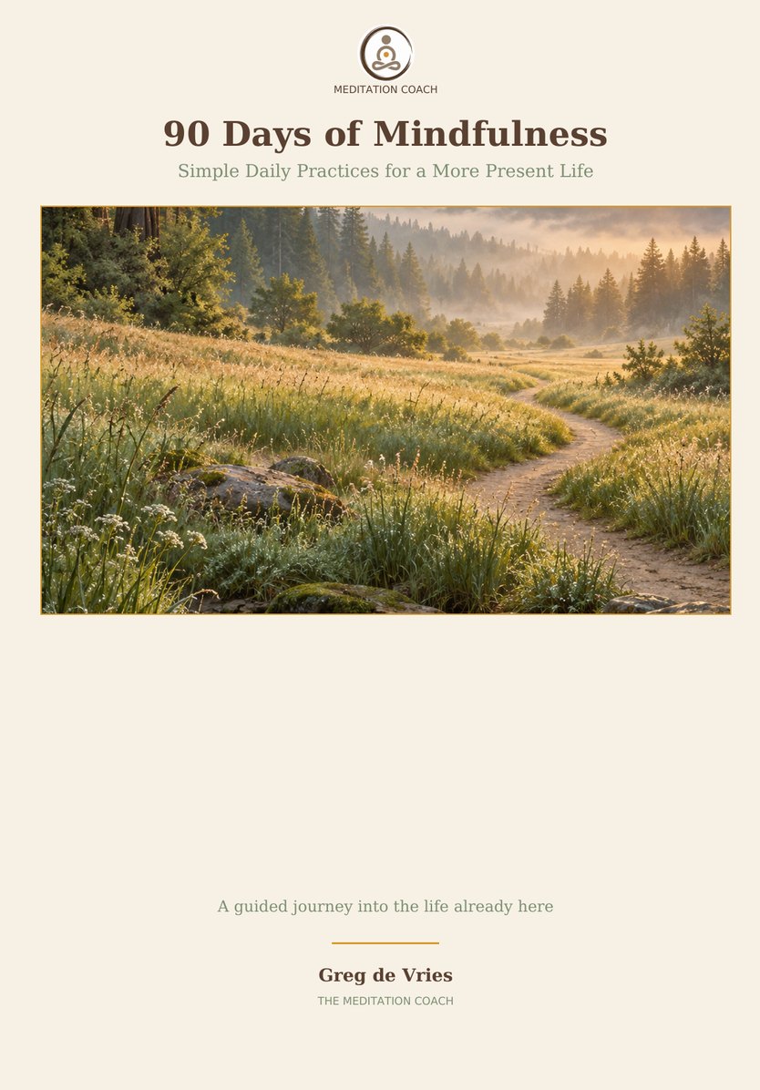 Cover of 90 Days of Mindfulness by Greg de Vries, featuring a sunlit meadow path winding toward a misty forest.